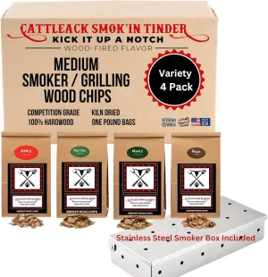 Cattleack Smok'in Tinder Premium BBQ Wood Chips Smoking, Grilling, Variety 4-Pack Wood Chips and Stainless Steel Smoker Box (Apple, Post Oak, Pecan, Maple)