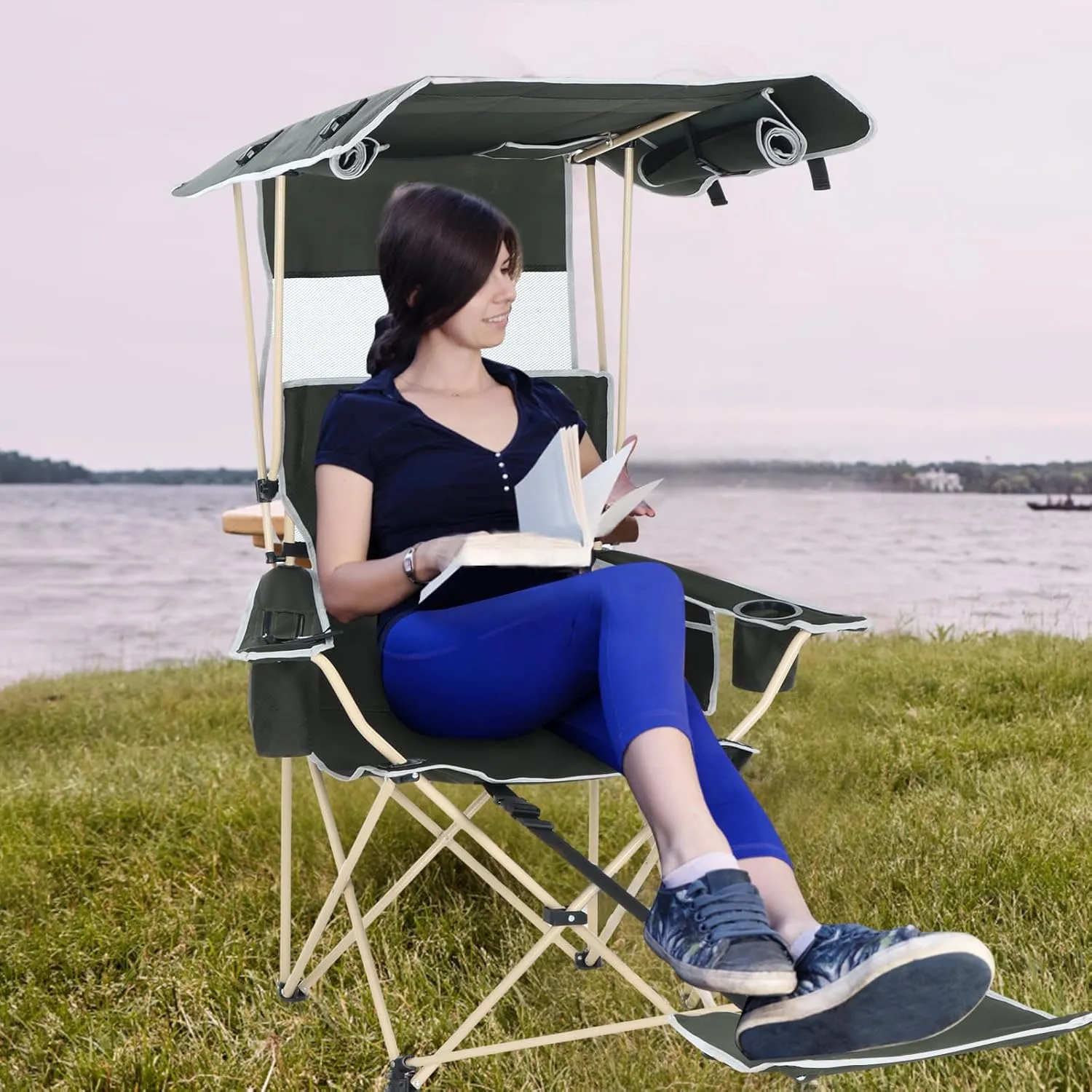 CDEN Canopy Chair, Camping Chair with Shade, Chair with Canopy, Folding Chair, Foldable Camping Chair, with Canopy, footrest, Cooler Bag, Cup Holder, for Camping, Picnic, Patio (1 Pack)