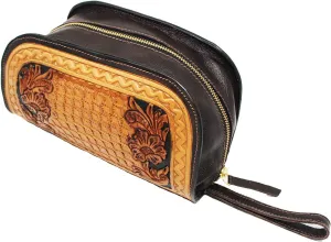 CHALLENGER Men's Travel Toiletry Organizer Shaving Kit Tooled Leather Bag 18AA28TN