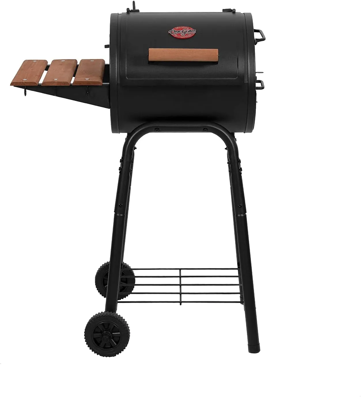 Char-Griller® Patio Pro Charcoal Grill and Smoker with Cast Iron Grates, Premium Wood Shelf and Damper Control, 250 Cooking Square Inches in Black, Model E1515
