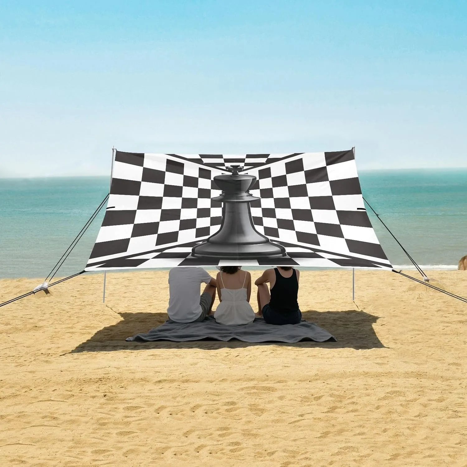 Chess King Chessboard Beach Camping Tent Sun Shelter for Whole Family, Beach Shade Canopy with UPF50  UV Protection,Easy Set Up and Carry,Outdoor Shade for Trips, Fishing, Backyard Fun Picnics