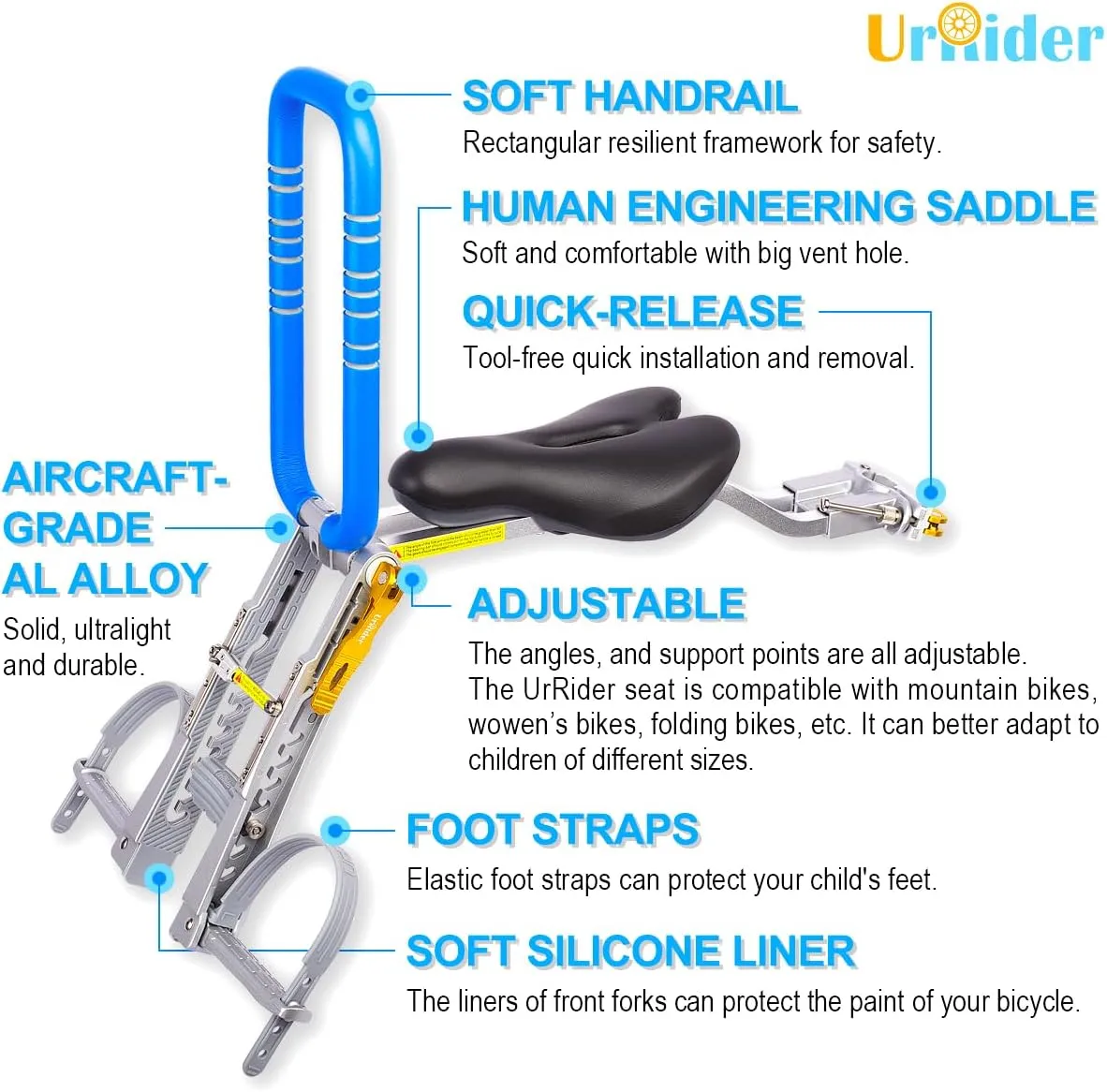 Child Bike Seat, Front Mount Kids Bike Seat,Fit Mountain Bikes, Cruiser Bikes, Folding Bikes, Ultra Light,Portable, Tool-Free, Quick-Release,Toddler Bike Seat for 2-6 Years(up to 60lbs)
