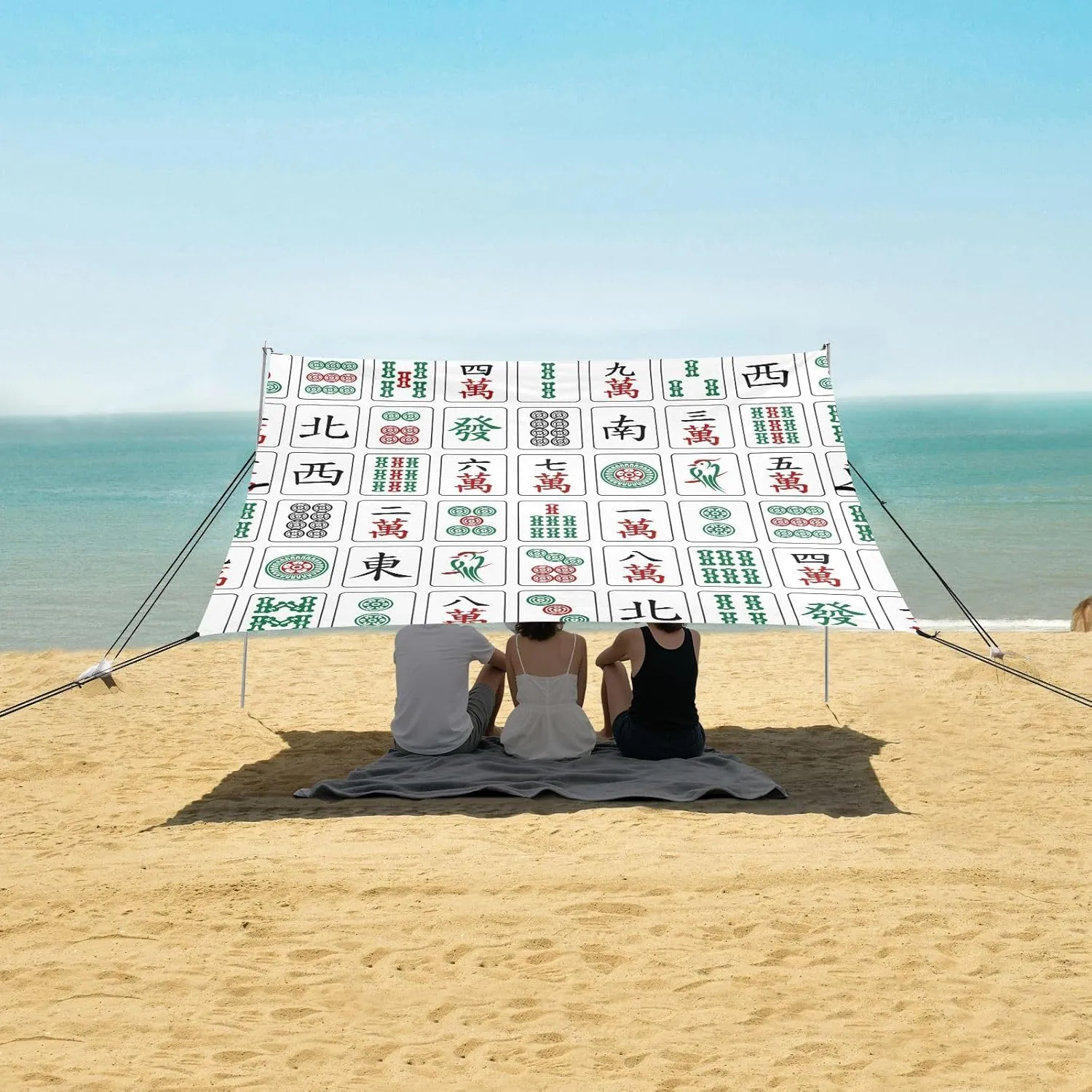 Chinese Mahjong Majiang Beach Canopy Tent Anti-UV & Wind Resistant, Camping Sun Shelter Easy Setup Portable,Outdoor Shade Tents with Sandbags,Sand Shovels,Ground Pegs & Stability Poles