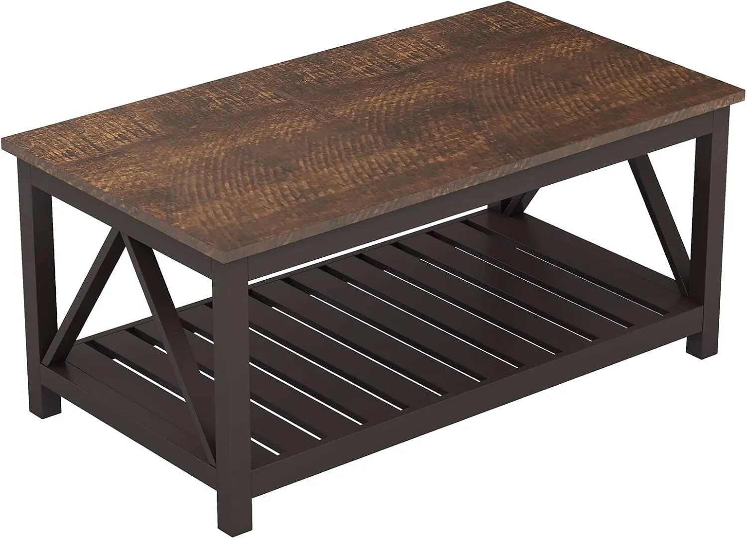 ChooChoo Farmhouse Coffee Table, Rustic Vintage Living Room Table with Shelf, 40 Espresso