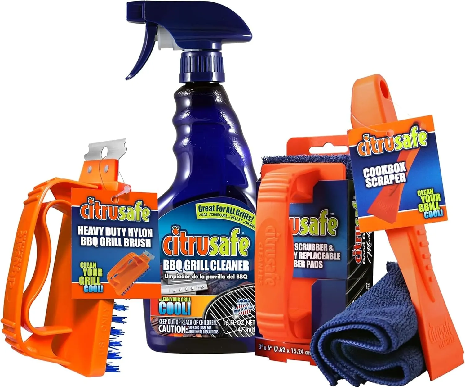 Citrusafe Complete Grill Cleaning Kit - Grill Cleaner Spray (16oz), Scrubber 3 Pack, Nylon Brush, Cookbox Scraper and Microfiber Cleaning Towel - Tools to Clean BBQ Grill Grates, Smokers, Ovens