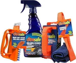 Citrusafe Complete Grill Cleaning Kit - Grill Cleaner Spray (16oz), Scrubber 3 Pack, Nylon Brush, Cookbox Scraper and Microfiber Cleaning Towel - Tools to Clean BBQ Grill Grates, Smokers, Ovens