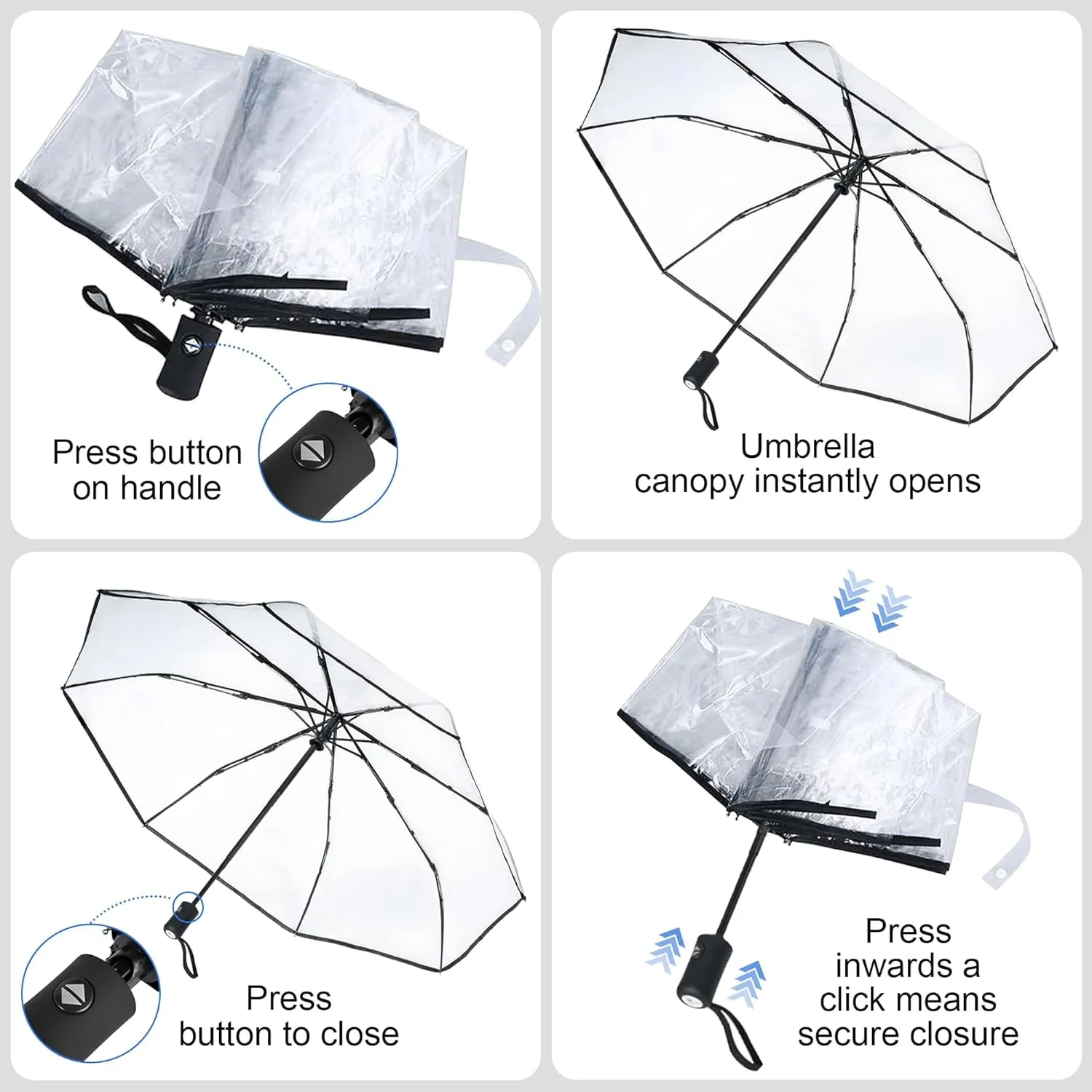 Clear, Windproof Travel Umbrella for Rain - One-Click Auto Open and Close, Durable & Compact Umbrella, Strong Fiberglass Frame, Waterproof Canopy - Backpack, Purse, Portable Umbrella for Travel