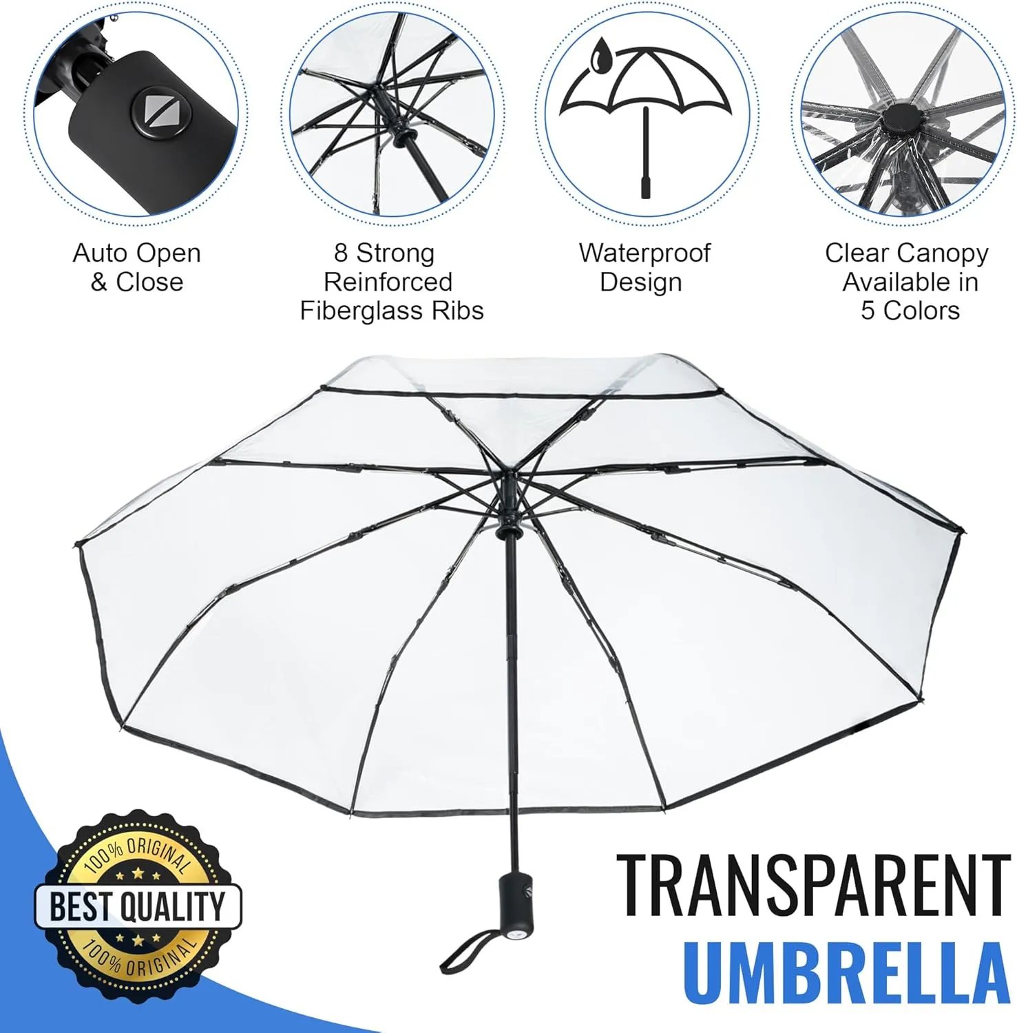 Clear, Windproof Travel Umbrella for Rain - One-Click Auto Open and Close, Durable & Compact Umbrella, Strong Fiberglass Frame, Waterproof Canopy - Backpack, Purse, Portable Umbrella for Travel