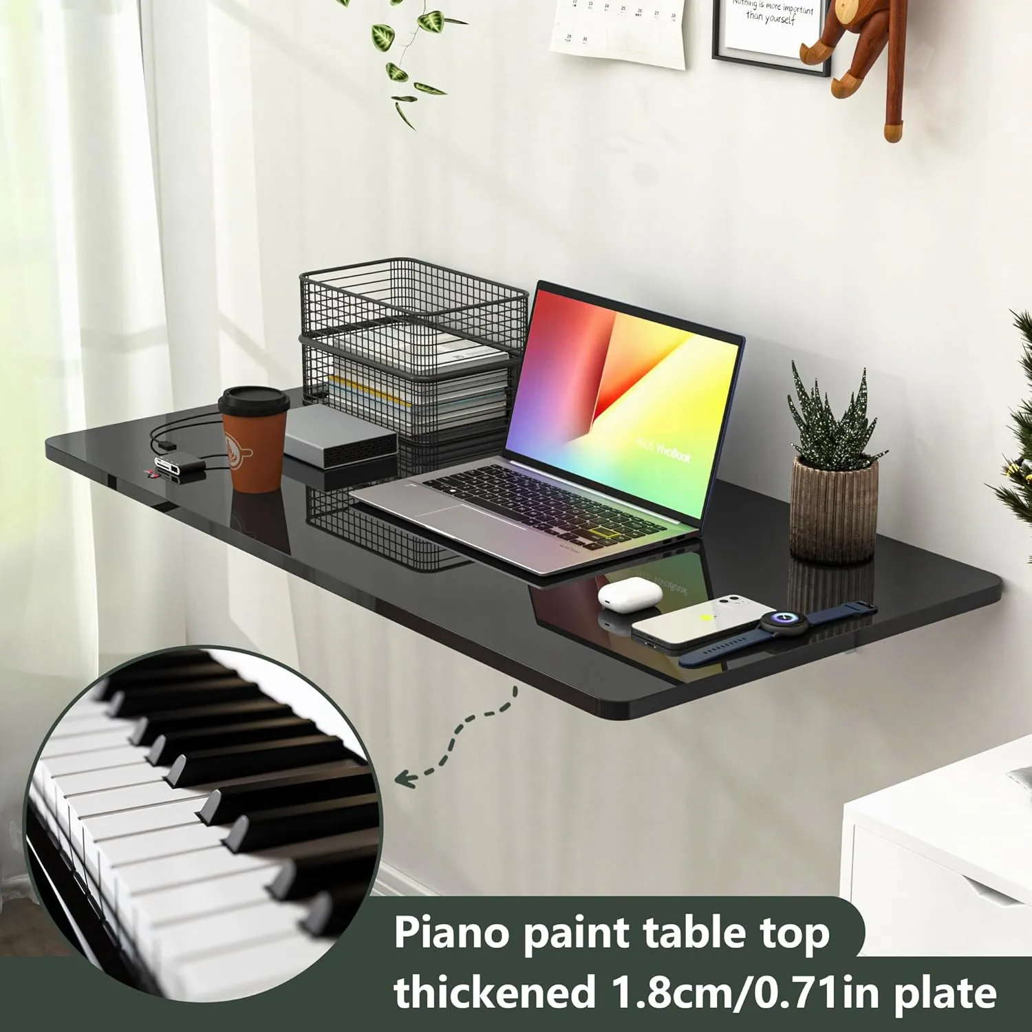 Clikuutory Wall Mounted High Gloss Folding Table 39.4" L x 19.7" W, Laundry Folding Table for Laundry Room, Home Office, Kitchen, Bedroom, Home Bar, Wall Desk Fold Down for Small Spaces, Black