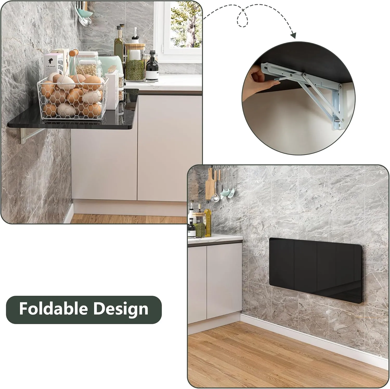 Clikuutory Wall Mounted High Gloss Folding Table 39.4" L x 19.7" W, Laundry Folding Table for Laundry Room, Home Office, Kitchen, Bedroom, Home Bar, Wall Desk Fold Down for Small Spaces, Black
