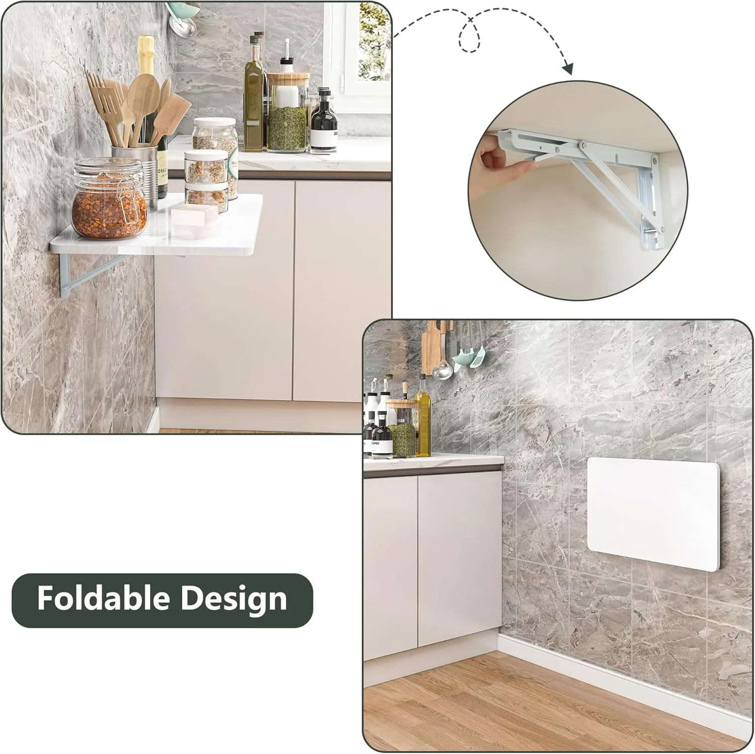 Clikuutory White Wall Mounted High Gloss Folding Table 23.6" L x 15.7" W, Laundry Folding Table for Laundry Room, Home Office, Kitchen, Bedroom, Home Bar, Wall Desk Fold Down for Small Spaces