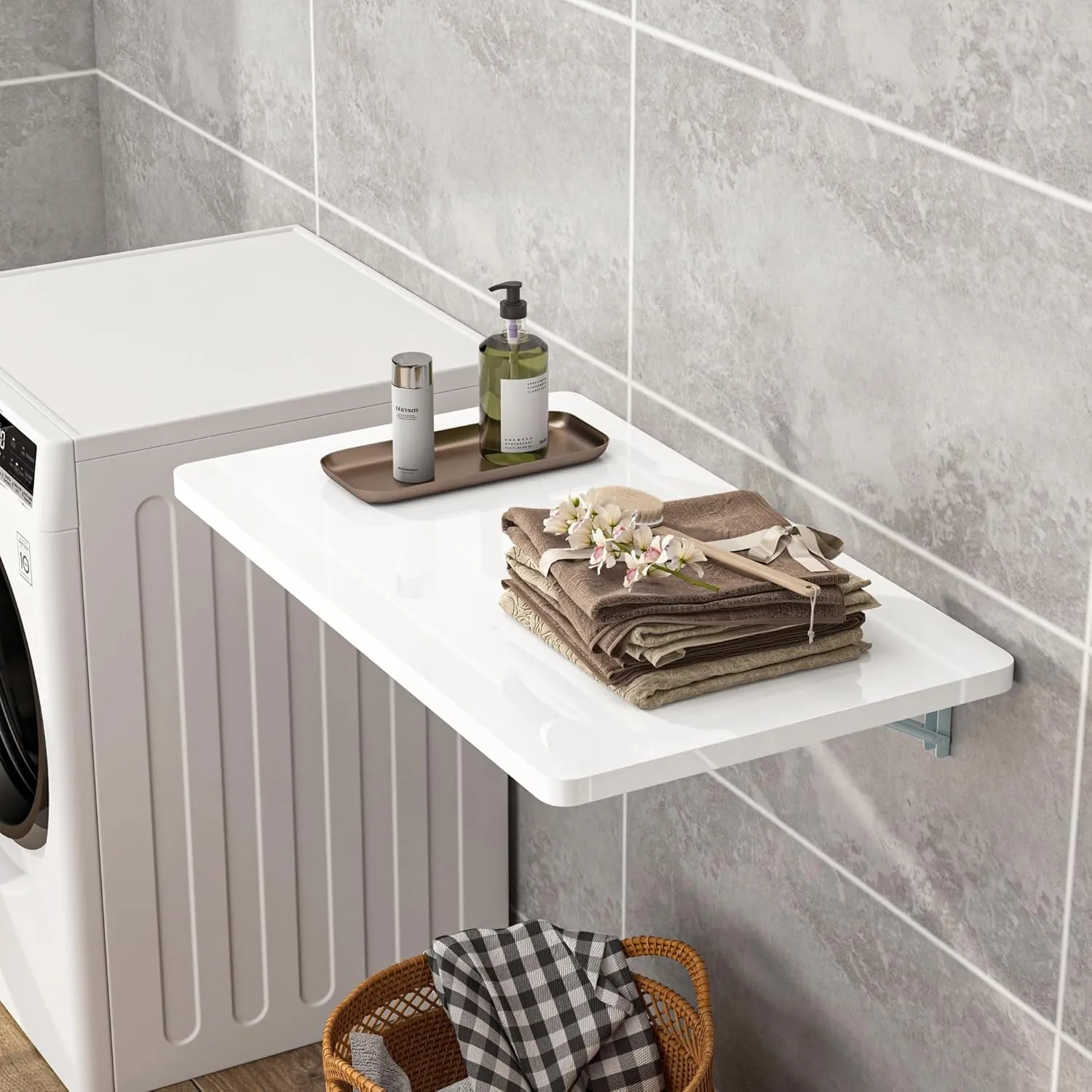 Clikuutory White Wall Mounted High Gloss Folding Table 23.6" L x 15.7" W, Laundry Folding Table for Laundry Room, Home Office, Kitchen, Bedroom, Home Bar, Wall Desk Fold Down for Small Spaces