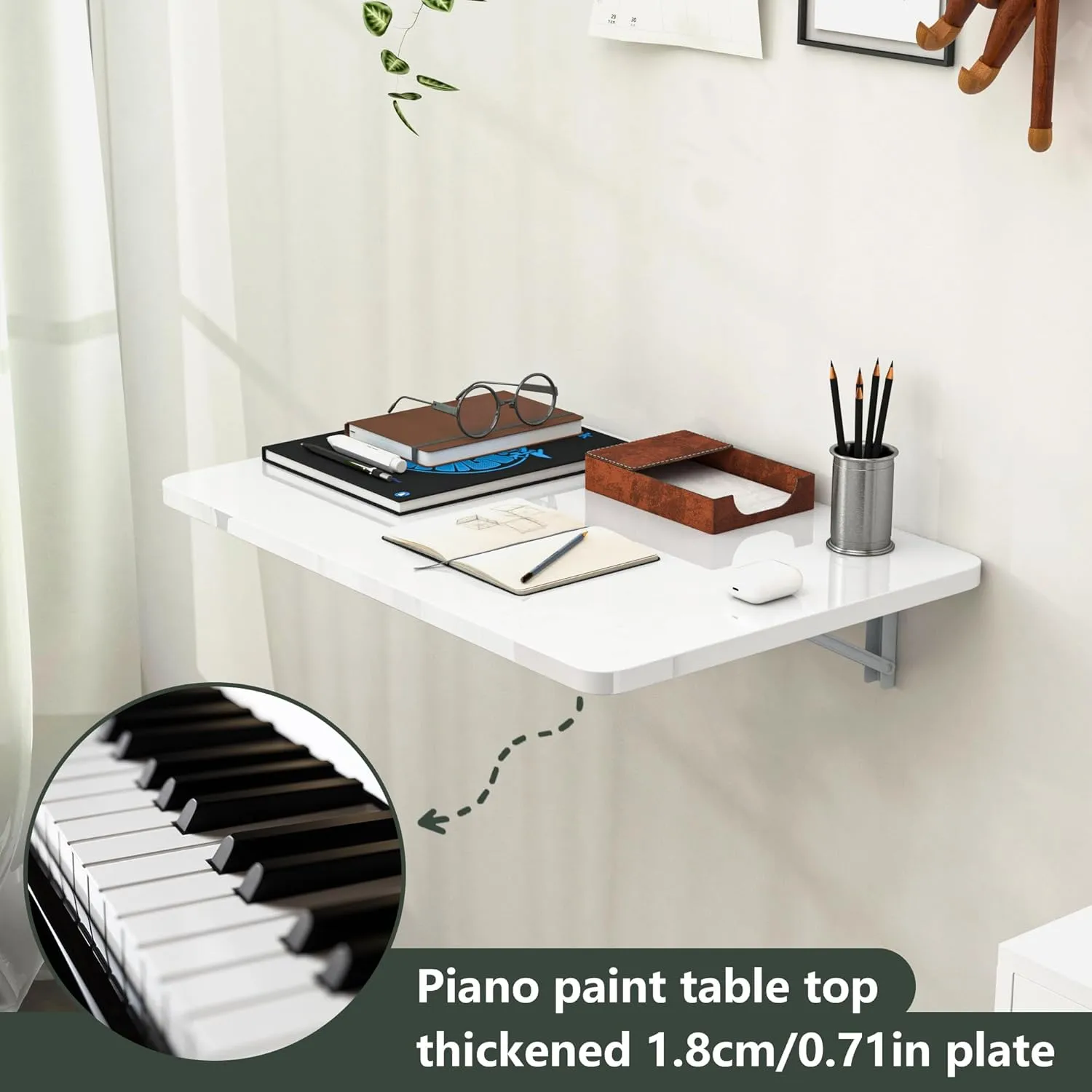 Clikuutory White Wall Mounted High Gloss Folding Table 23.6" L x 15.7" W, Laundry Folding Table for Laundry Room, Home Office, Kitchen, Bedroom, Home Bar, Wall Desk Fold Down for Small Spaces