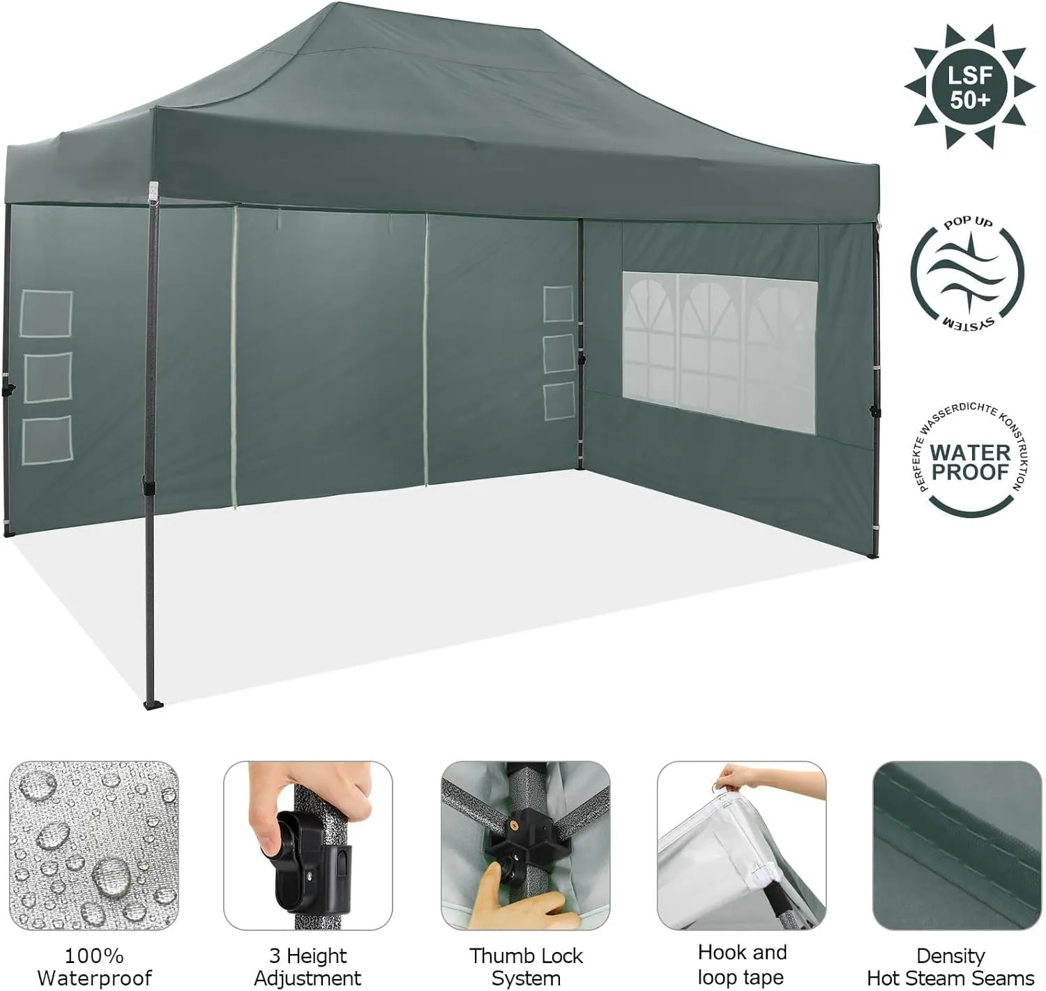 COBIZI 10x15 Pop up Canopy with 4 Sidewalls, Waterproof Heavy Duty Commercial Canopy for Parties, Outdoor Tent, Garden Gazebo, Carry Bag (10x15ft, Gray)
