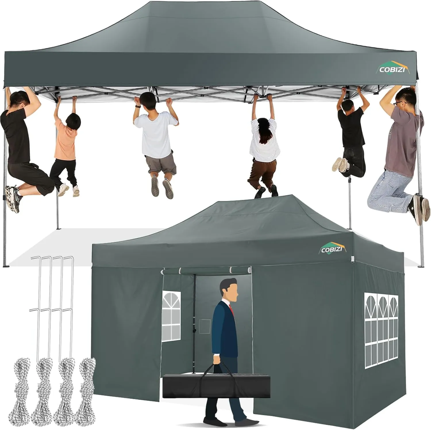 COBIZI 10x15 Pop up Canopy with 4 Sidewalls, Waterproof Heavy Duty Commercial Canopy for Parties, Outdoor Tent, Garden Gazebo, Carry Bag (10x15ft, Gray)