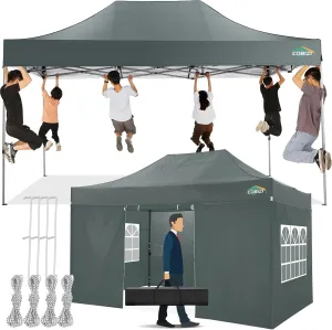 COBIZI 10x15 Pop up Canopy with 4 Sidewalls, Waterproof Heavy Duty Commercial Canopy for Parties, Outdoor Tent, Garden Gazebo, Carry Bag (10x15ft, Gray)