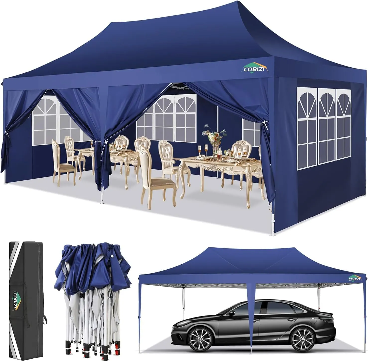 COBIZI Canopy 10x20 Pop up Canopy Tents for Parties 3.0, Upgrade Structure Wind & Waterproof Easy Set up UV Blocking with 6 Sidewalls Outdoor Commercial Party Tent Gazebo, Dark Blue