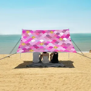 Colorful Geometric Mermaid Scale Beach Canopy Tent Anti-UV & Wind Resistant, Fantasy Glitter Sparkles Camping Sun Shelter Easy Setup Portable,Outdoor Shade Tents with Sandbags,Sand Shovels,Groun
