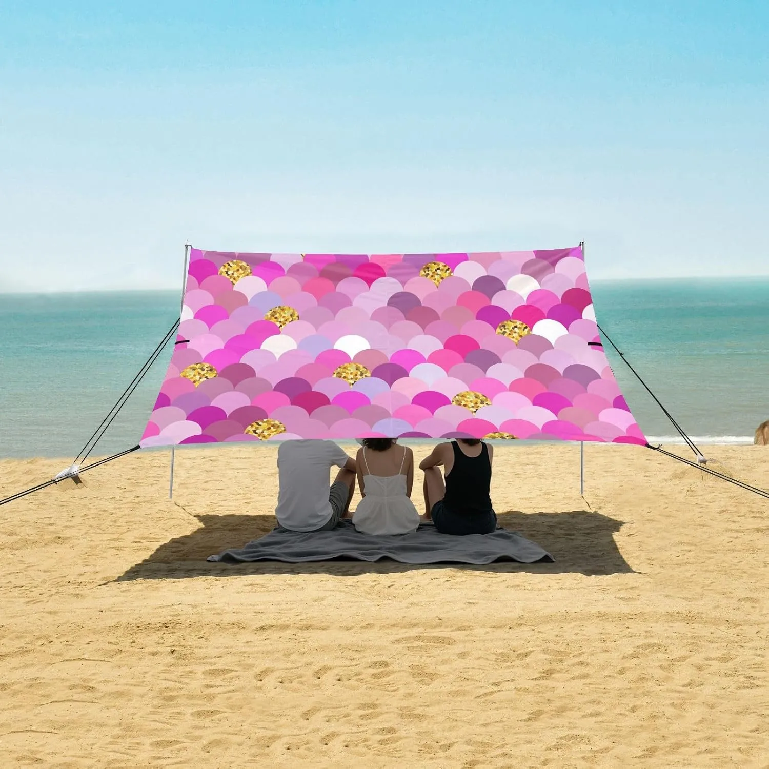 Colorful Geometric Mermaid Scale Beach Canopy Tent Anti-UV & Wind Resistant, Fantasy Glitter Sparkles Camping Sun Shelter Easy Setup Portable,Outdoor Shade Tents with Sandbags,Sand Shovels,Groun