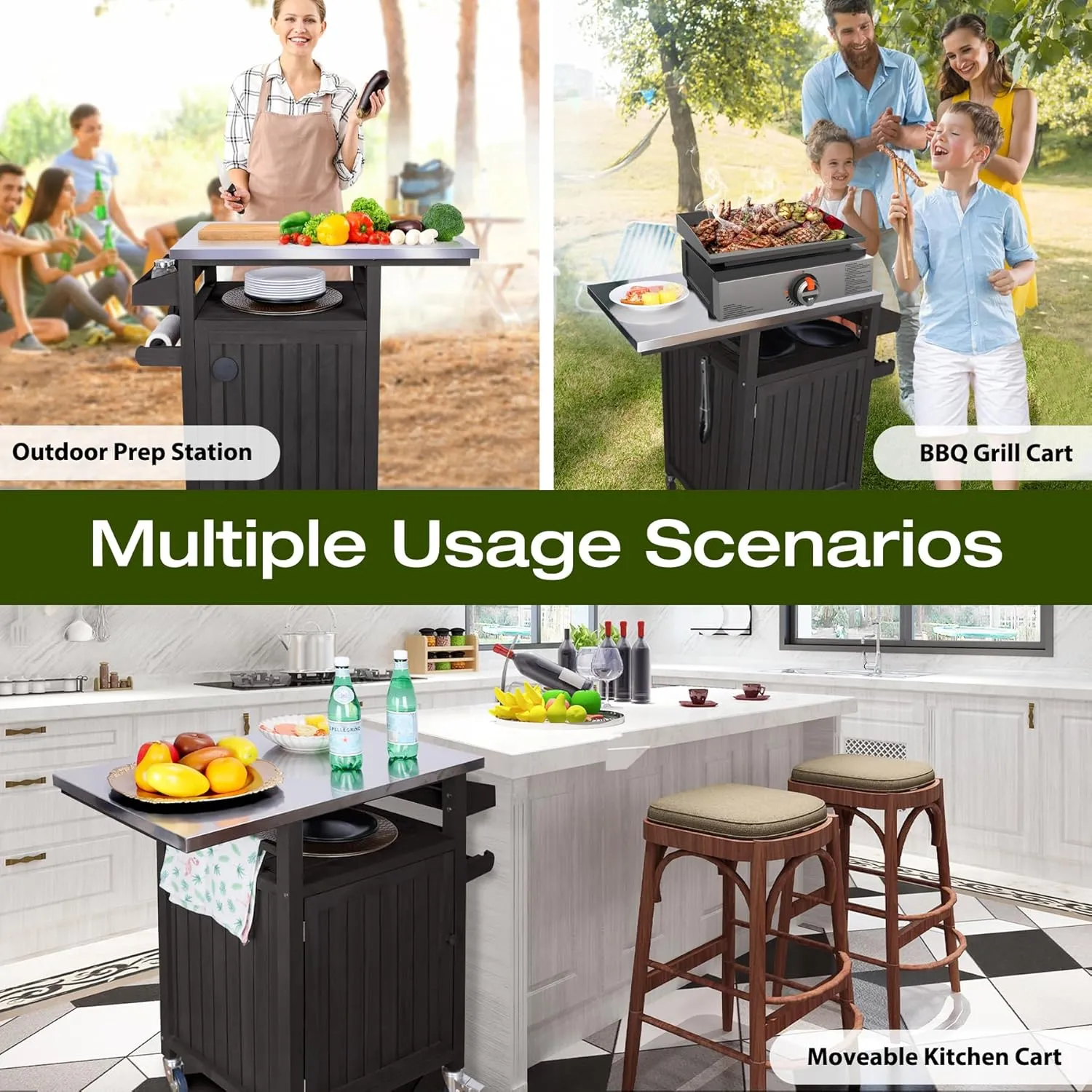 COOLBEBE Movable Grill Table for Outside Solid Wood Outdoor Storage Grill Cabinet Solid Wood, Grill Car for Outside with Stainless Steel Top, Spice Rack Portable Outdoor Cooking Table