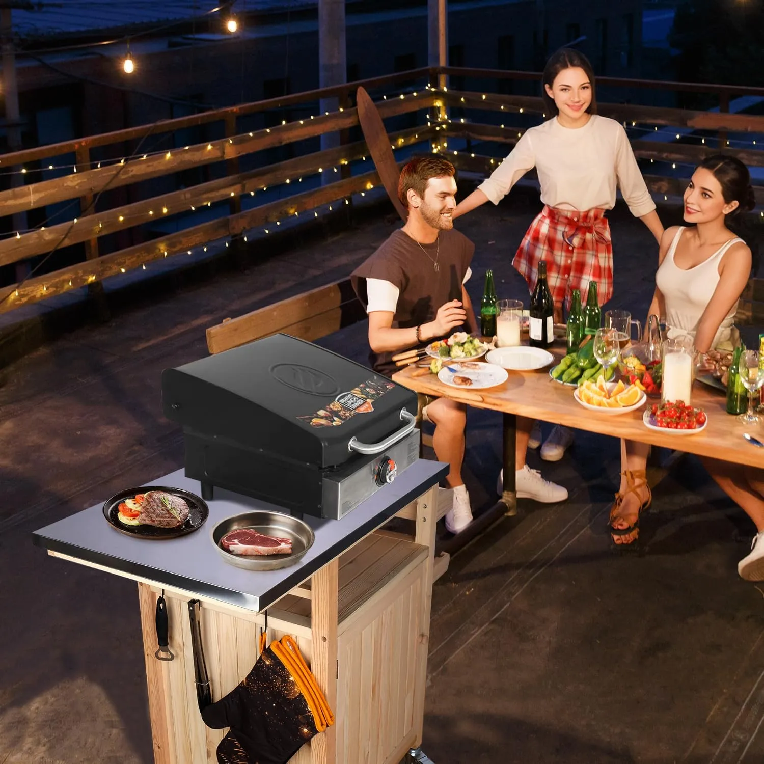 COOLBEBE Movable Grill Table for Outside Solid Wood Outdoor Storage Grill Cabinet Solid Wood, Grill Car for Outside with Stainless Steel Top, Spice Rack Portable Outdoor Cooking Table
