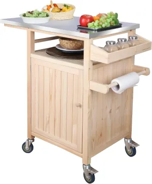 COOLBEBE Movable Grill Table for Outside Solid Wood Outdoor Storage Grill Cabinet Solid Wood, Grill Car for Outside with Stainless Steel Top, Spice Rack Portable Outdoor Cooking Table