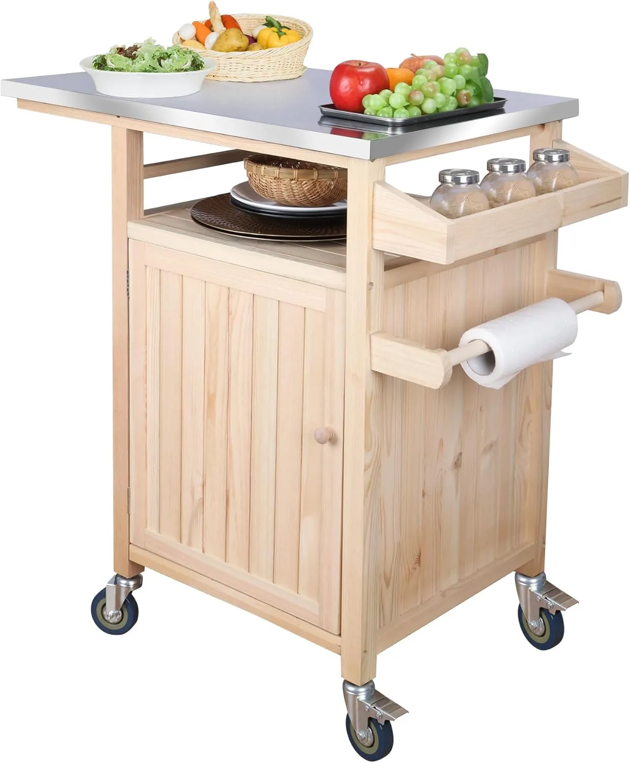COOLBEBE Movable Grill Table for Outside Solid Wood Outdoor Storage Grill Cabinet Solid Wood, Grill Car for Outside with Stainless Steel Top, Spice Rack Portable Outdoor Cooking Table