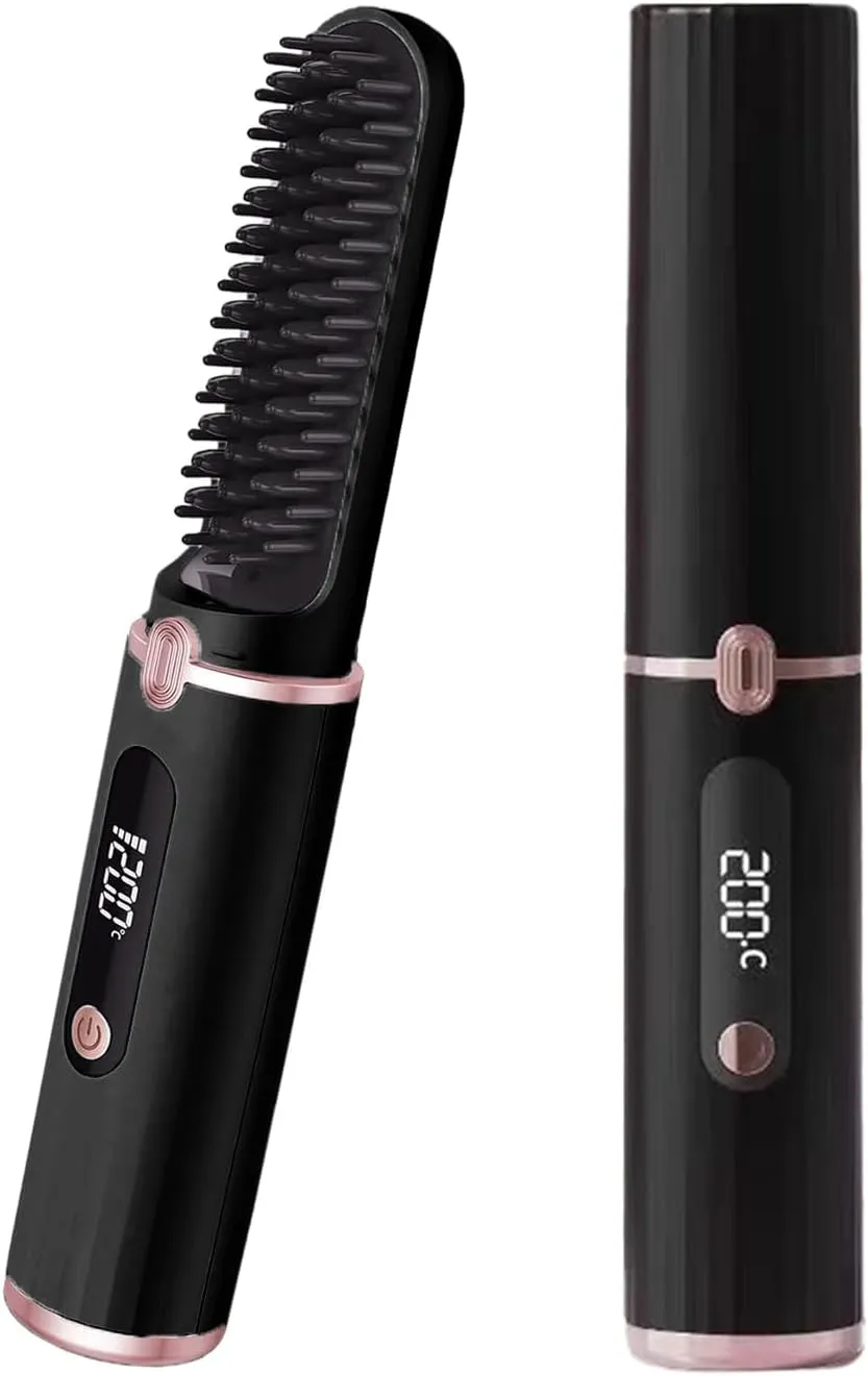 Cordless Hair Straightener Brush, Hot Ionic Straightener Comb for Women, MCH Fast Heat-up Mini Hair Straightening Brush for Travel, Home, LED Display & USB-C Rechargeable
