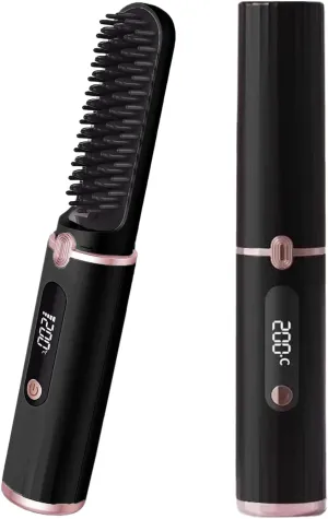 Cordless Hair Straightener Brush, Hot Ionic Straightener Comb for Women, MCH Fast Heat-up Mini Hair Straightening Brush for Travel, Home, LED Display & USB-C Rechargeable