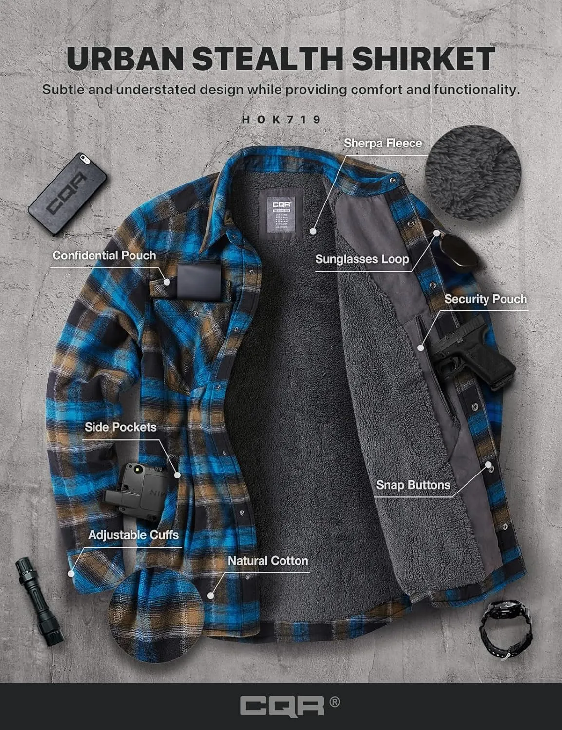 CQR Men's Plaid Flannel Shirt Jacket, Long Sleeve Soft Warm Sherpa/Quilted Lined Jacket, Outdoor Button Up/Zip-Front Jacket