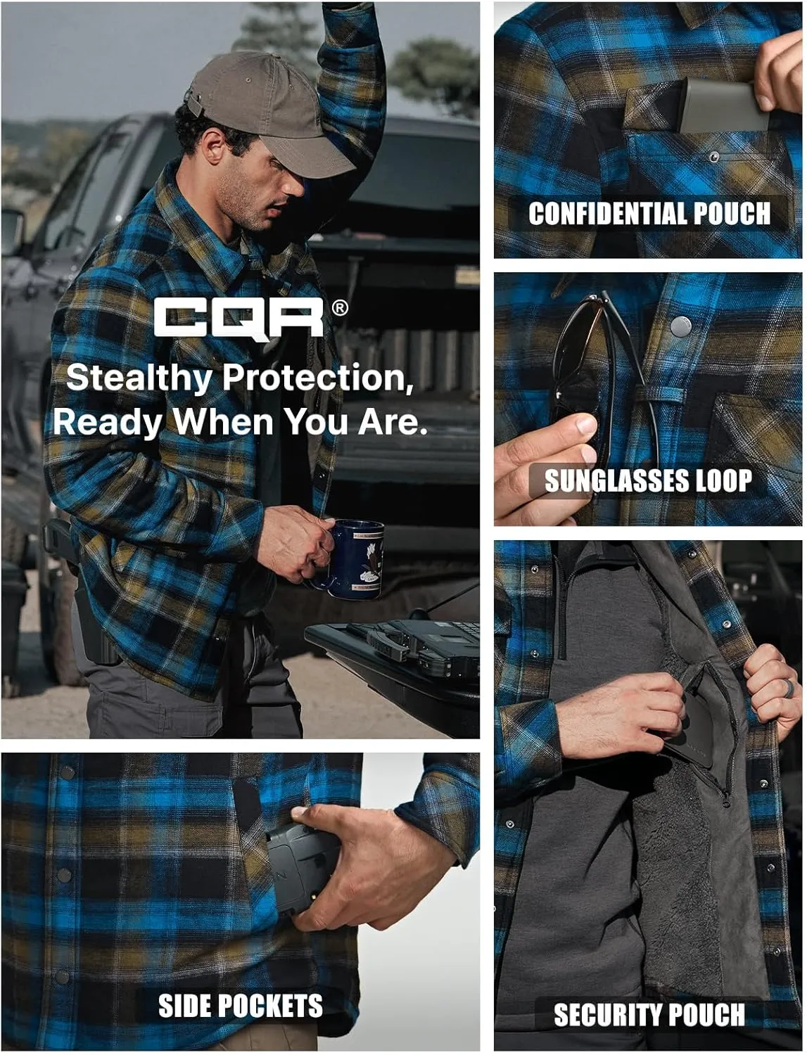 CQR Men's Plaid Flannel Shirt Jacket, Long Sleeve Soft Warm Sherpa/Quilted Lined Jacket, Outdoor Button Up/Zip-Front Jacket