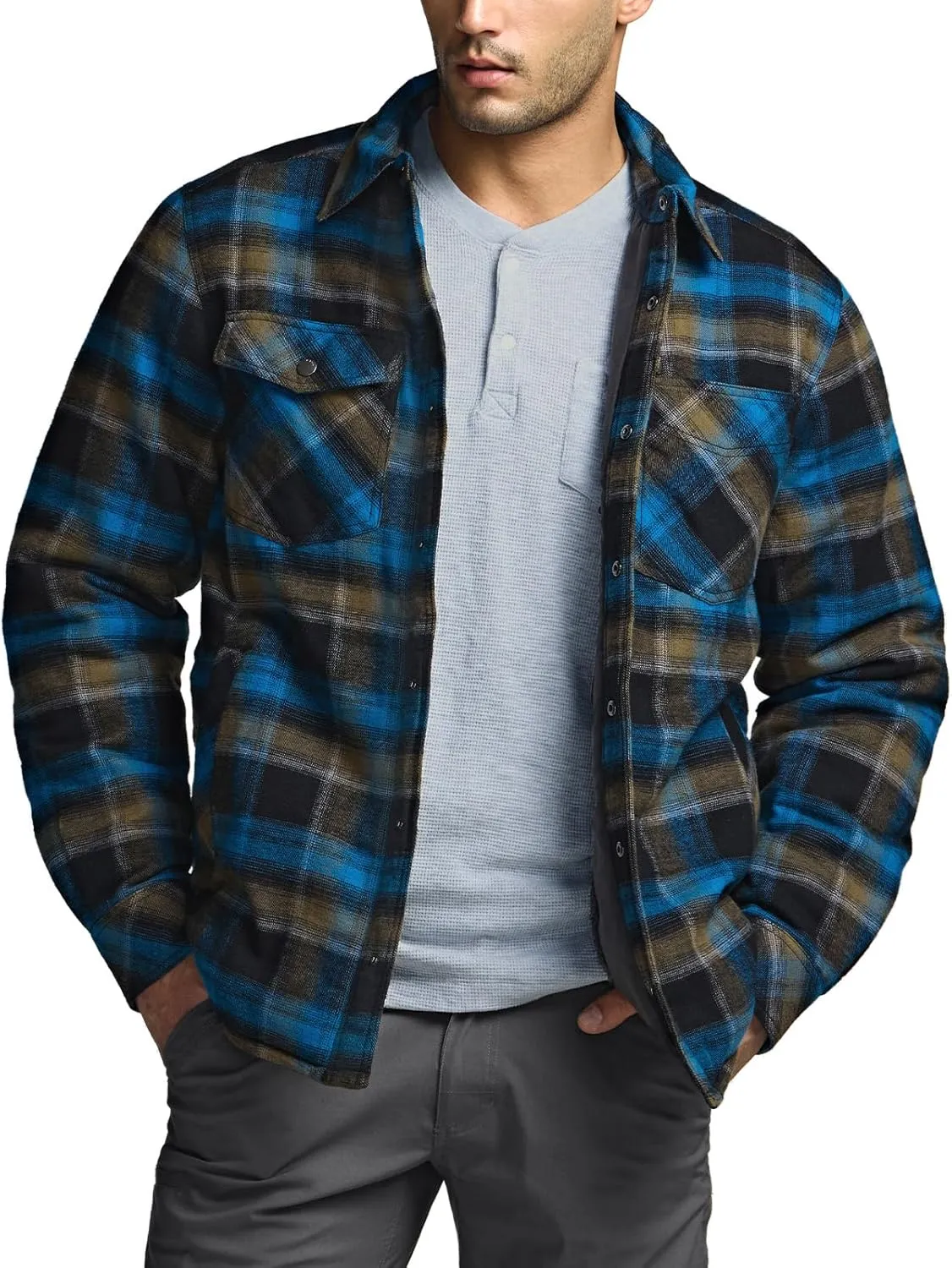 CQR Men's Plaid Flannel Shirt Jacket, Long Sleeve Soft Warm Sherpa/Quilted Lined Jacket, Outdoor Button Up/Zip-Front Jacket