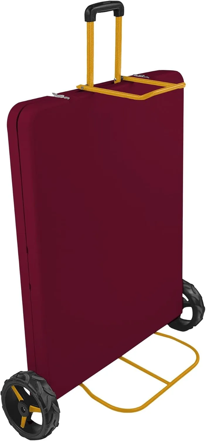 Creative Outdoor Folding Table and Chairs, 6 Ft, Built-in Wheels, Portable Durable Plastic (Dark Red & Gold)
