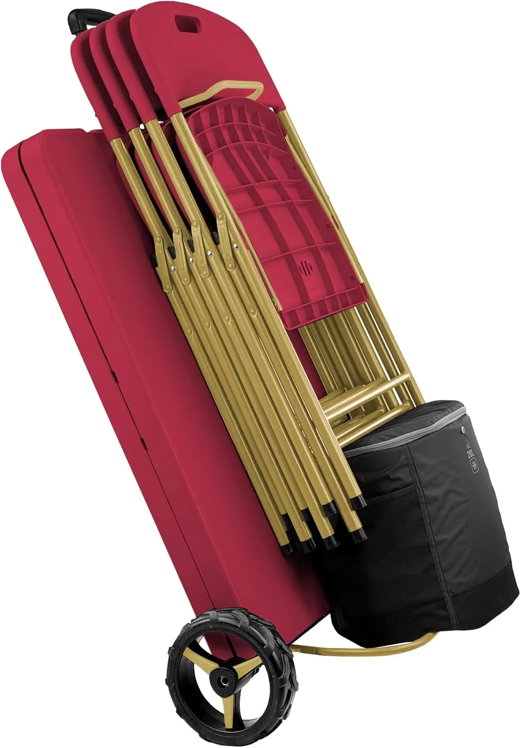 Creative Outdoor Folding Table and Chairs, 6 Ft, Built-in Wheels, Portable Durable Plastic (Dark Red & Gold)