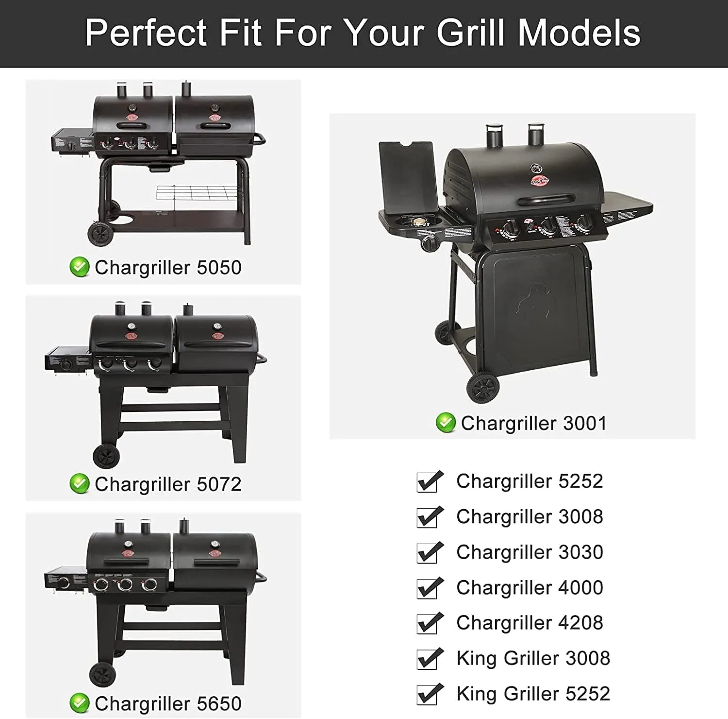 Criditpid Grill Replacement Parts for Chargriller 5050, 5650, 3001, 3030, 5072, 3008, 4000, 5252, 5050 Grill Models, Stainless Steel Heat Plates, Burner Tubes, Hanger Brackets for Chargriller.