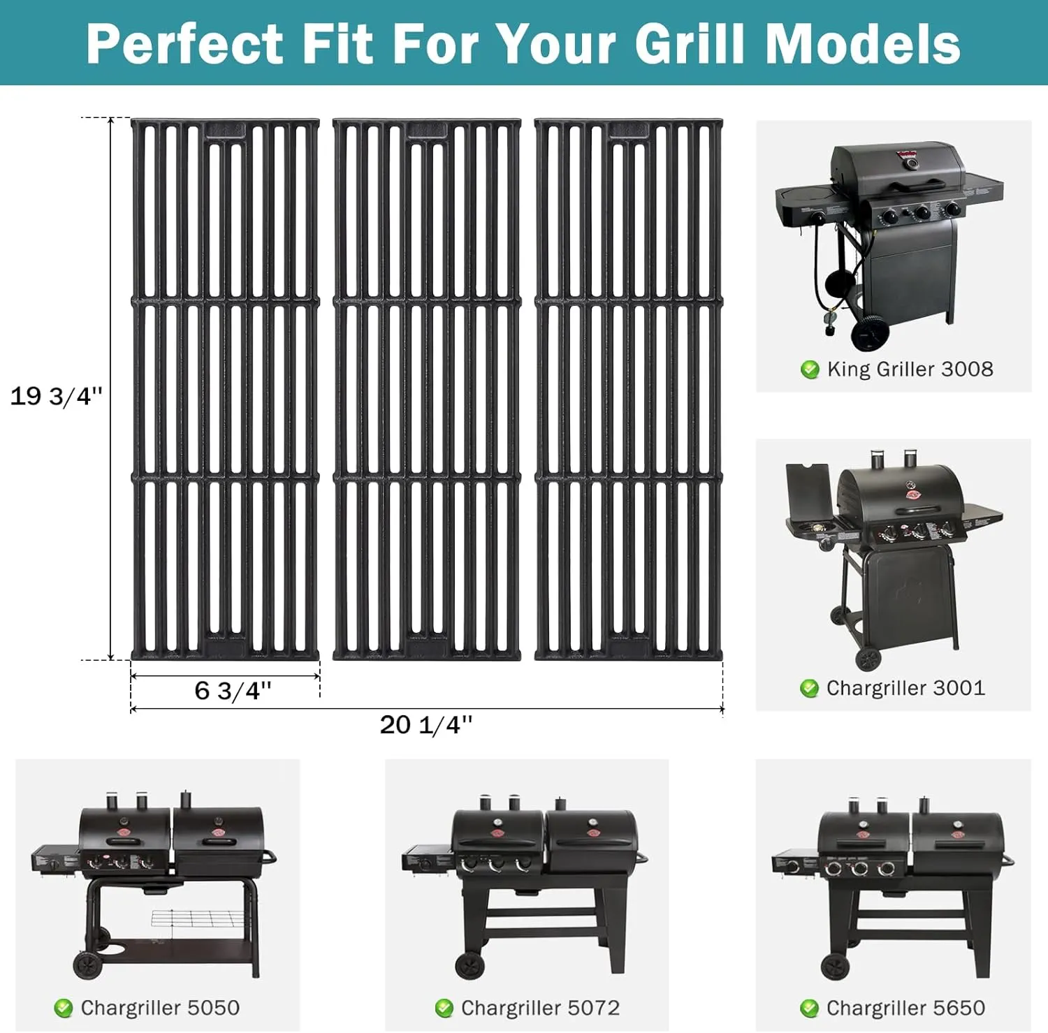 Criditpid Replacement Parts for Char Griller 5050, 5650, 3001, 3030, 5072, 3008, 4000, 5252, 5050, King Griller 3008, 5252, Cast Iron Grill Grates, Heat Plate, Burner Tube for Chargriller Grill Parts