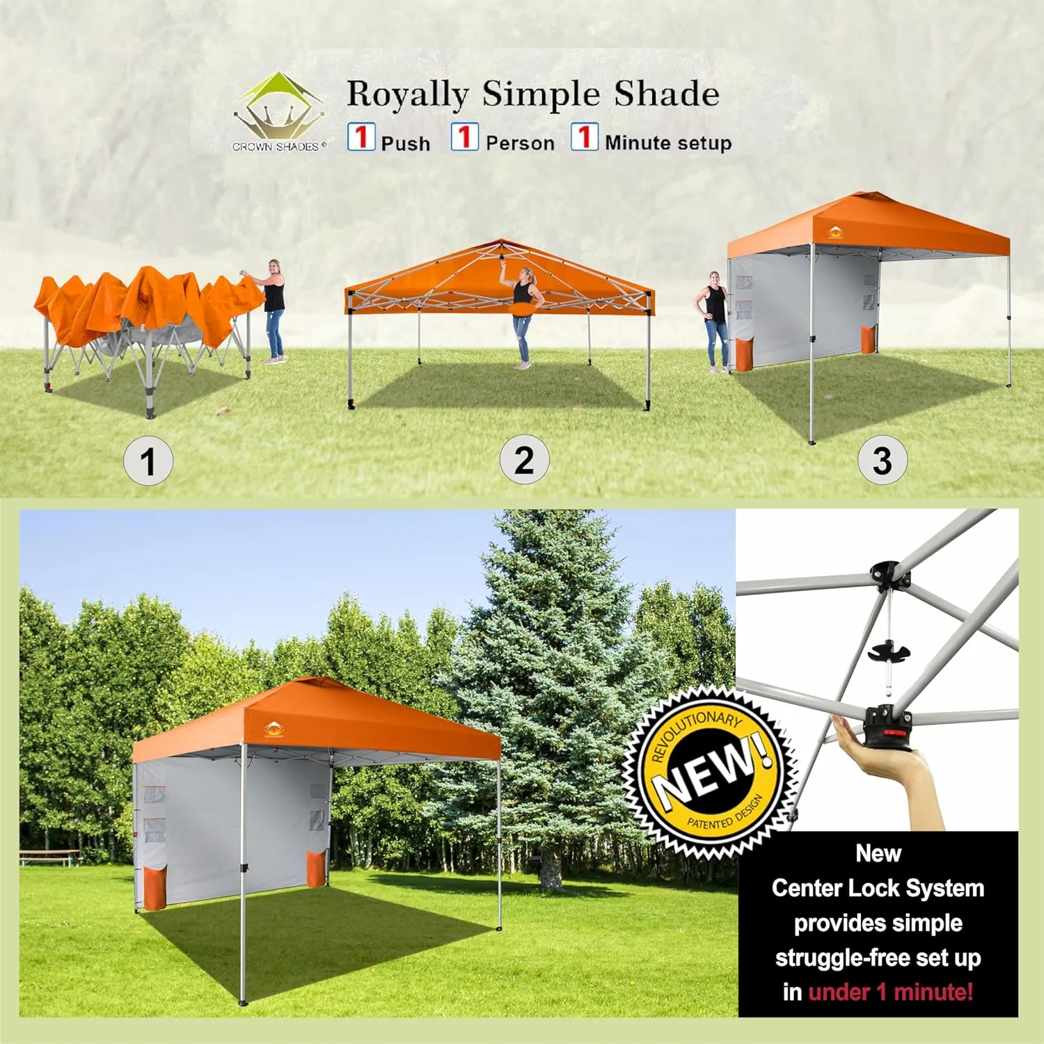 CROWN SHADES Canopy Tent 10x10 Pop Up Canopy Outdoor Shade with Pockets Sidewall, Easy Up Sun Shelter with One Person Set Up Center Lock, Portable Instant Camping Beach Canopy Tents, Orange