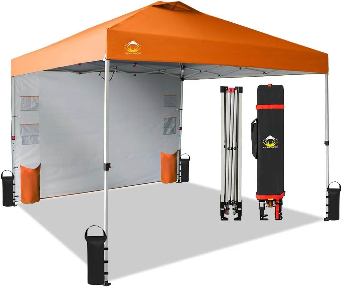 CROWN SHADES Canopy Tent 10x10 Pop Up Canopy Outdoor Shade with Pockets Sidewall, Easy Up Sun Shelter with One Person Set Up Center Lock, Portable Instant Camping Beach Canopy Tents, Orange