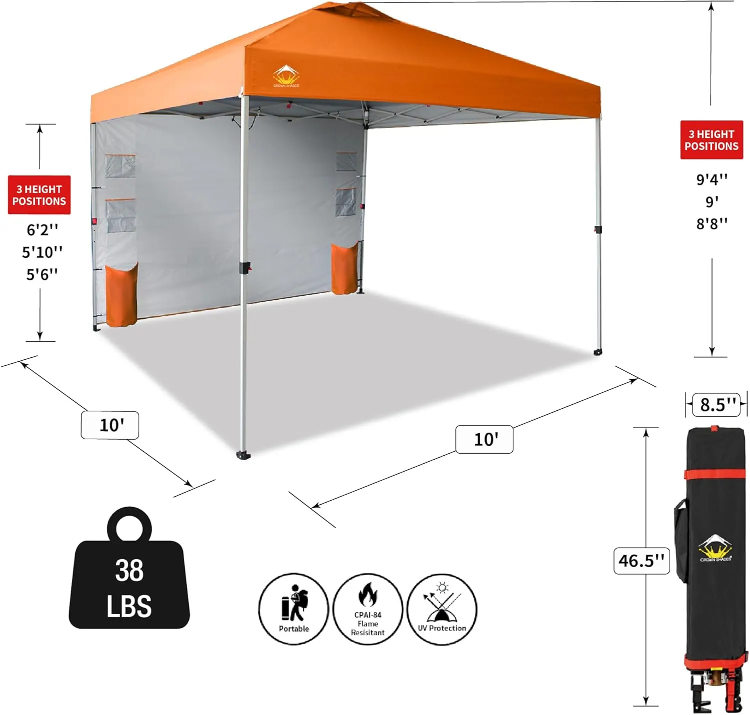 CROWN SHADES Canopy Tent 10x10 Pop Up Canopy Outdoor Shade with Pockets Sidewall, Easy Up Sun Shelter with One Person Set Up Center Lock, Portable Instant Camping Beach Canopy Tents, Orange