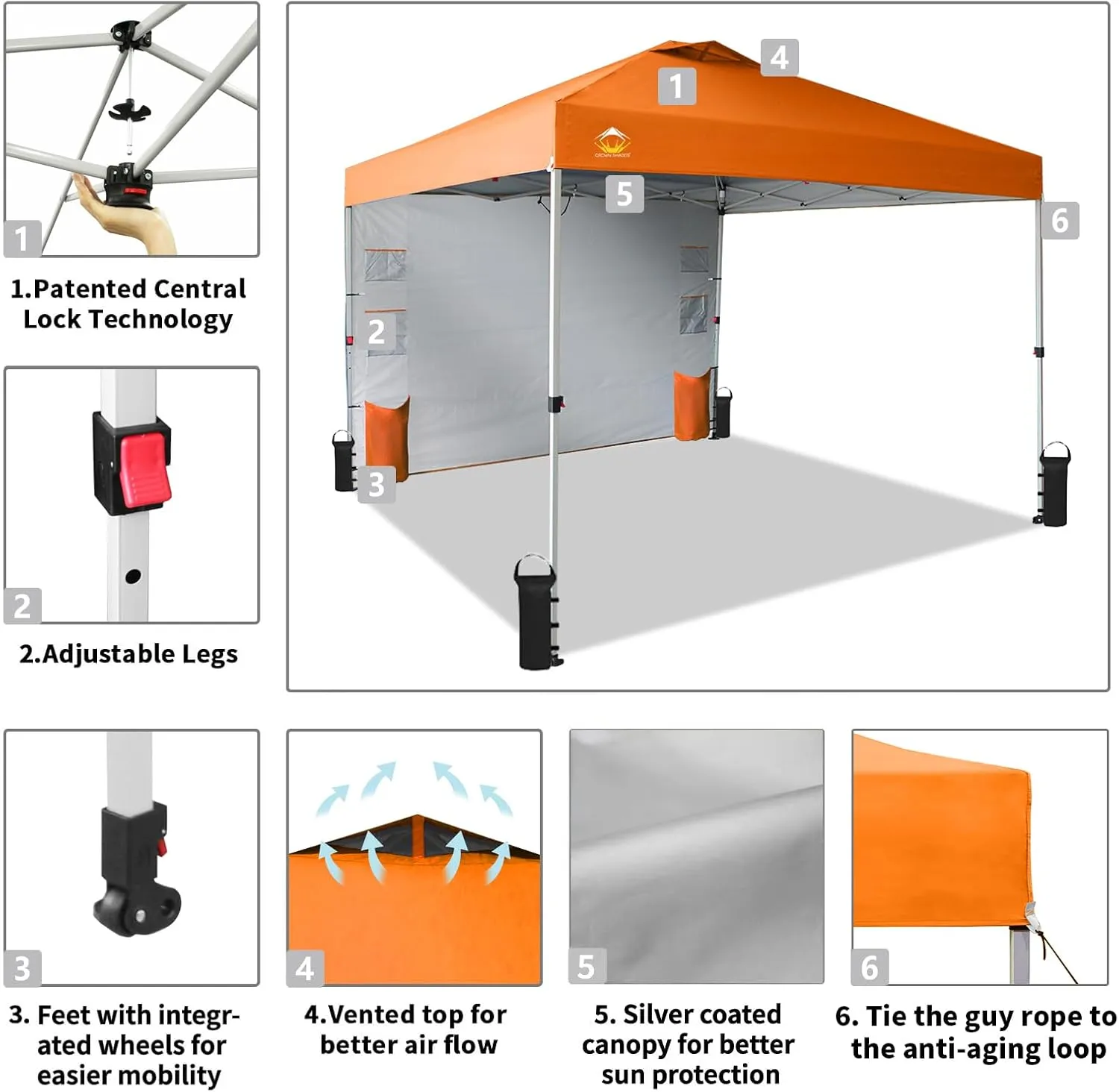 CROWN SHADES Canopy Tent 10x10 Pop Up Canopy Outdoor Shade with Pockets Sidewall, Easy Up Sun Shelter with One Person Set Up Center Lock, Portable Instant Camping Beach Canopy Tents, Orange