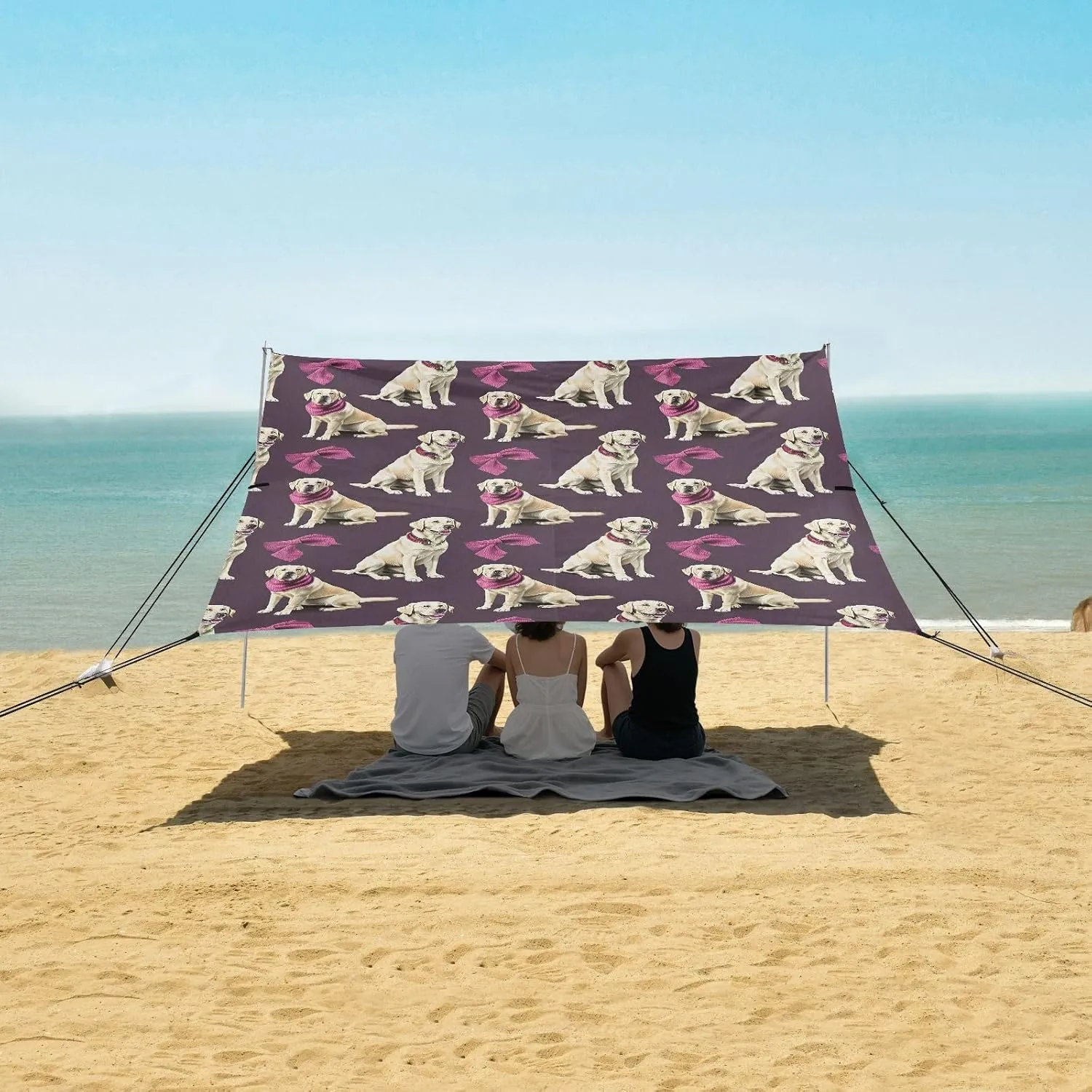 Cute Bowknot Dogs Pattern Beach Canopy Tent Anti-UV & Wind Resistant, Camping Sun Shelter Easy Setup Portable,Outdoor Shade Tents with Sandbags,Sand Shovels,Ground Pegs & Stability Poles
