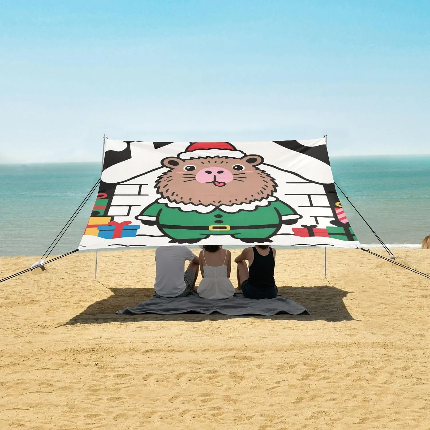 Cute Capybara Santa Claus Beach Canopy Tent Anti-UV & Wind Resistant, Camping Sun Shelter Easy Setup Portable,Outdoor Shade Tents with Sandbags,Sand Shovels,Ground Pegs & Stability Poles