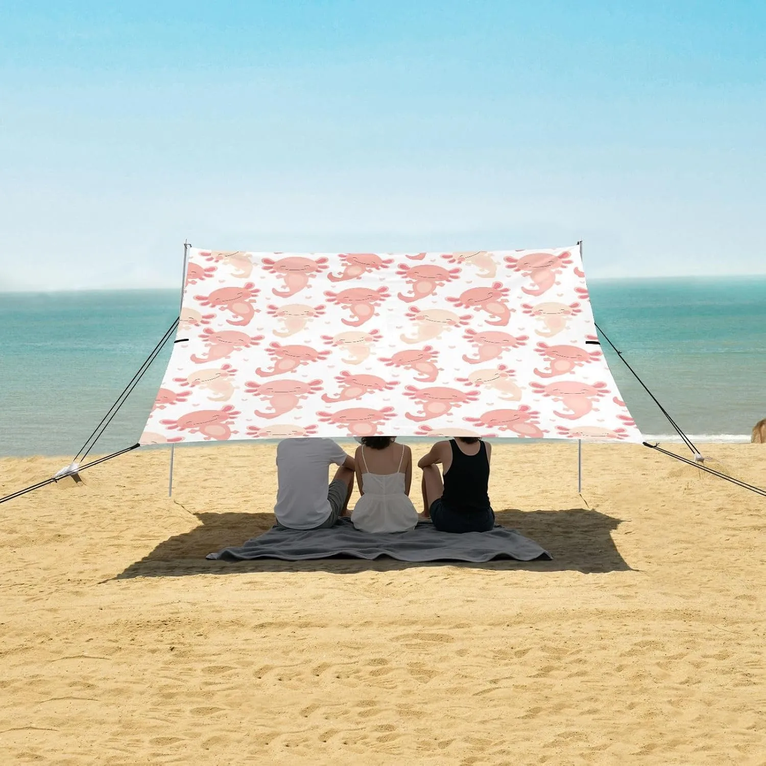 Cute Kawaii Axolotl Beach Canopy Tent Anti-UV & Wind Resistant, Baby Amphibian Camping Sun Shelter Easy Setup Portable,Outdoor Shade Tents with Sandbags,Sand Shovels,Ground Pegs & Stability Pole