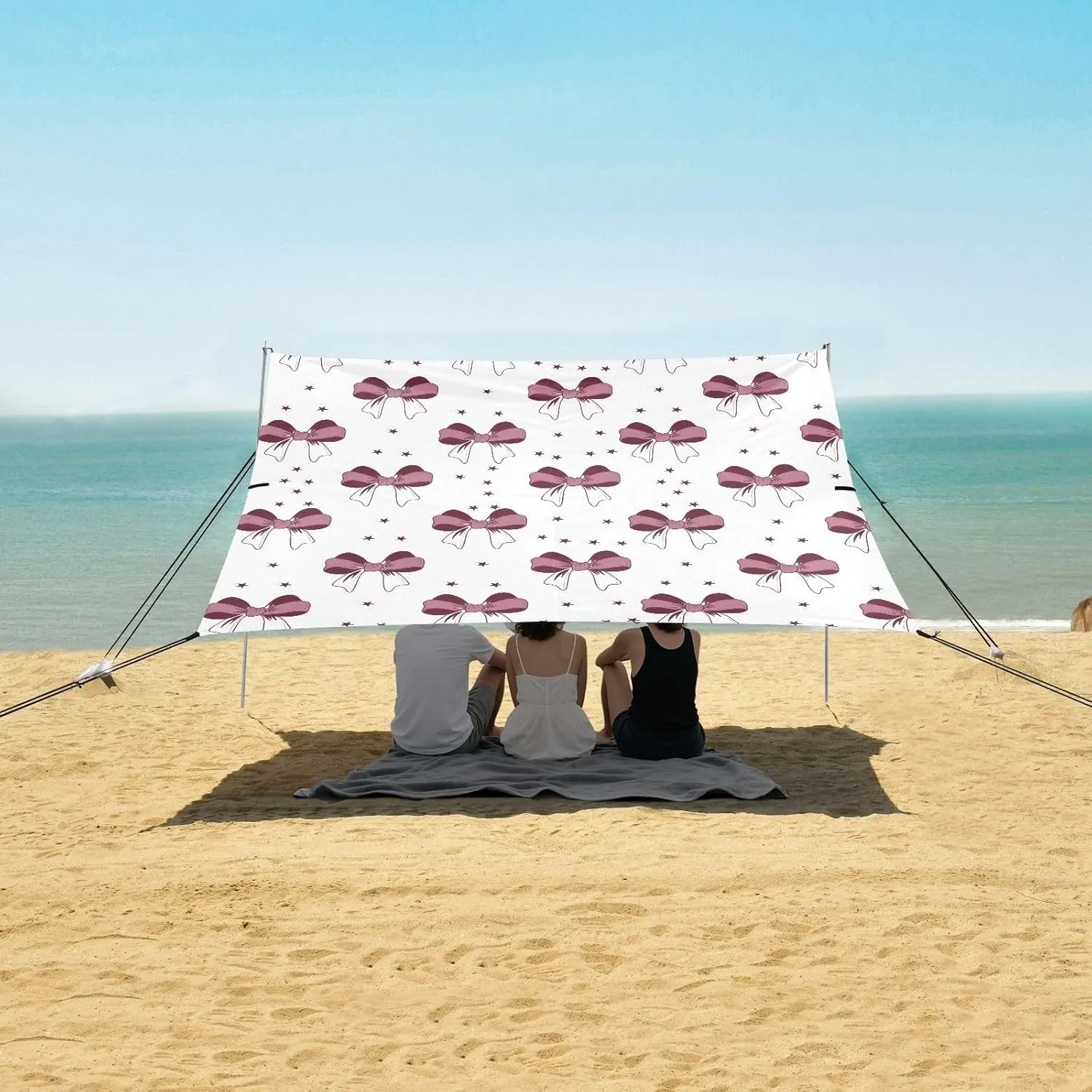 Cute Pattern with Pink Bows Beach Camping Tent Sun Shelter for Whole Family, Beach Shade Canopy with UPF50  UV Protection,Easy Set Up and Carry,Outdoor Shade for Trips, Fishing, Backyard Fun Pi