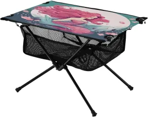 Cute Pink Mermaid Portable Folding Camping Table, Compact Lightweight Beach Table with Carrying Bag for Outdoor Picnics, BBQs, Camp