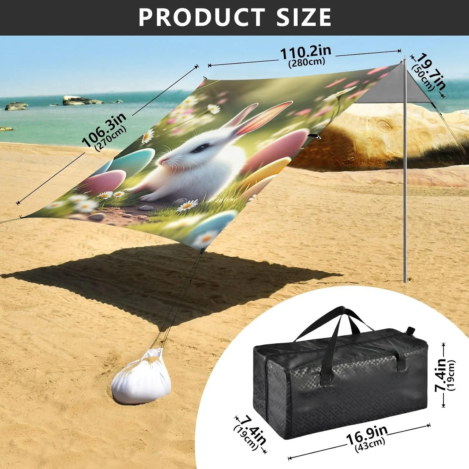 Cute Rabbit Colorful Eggs Garden Canopy Tent Beach Outdoor Patio Sun Shade Funny Portable Camping Shelter Windproof with Anchor Poles Easy up 9.2 × 10.5 FT
