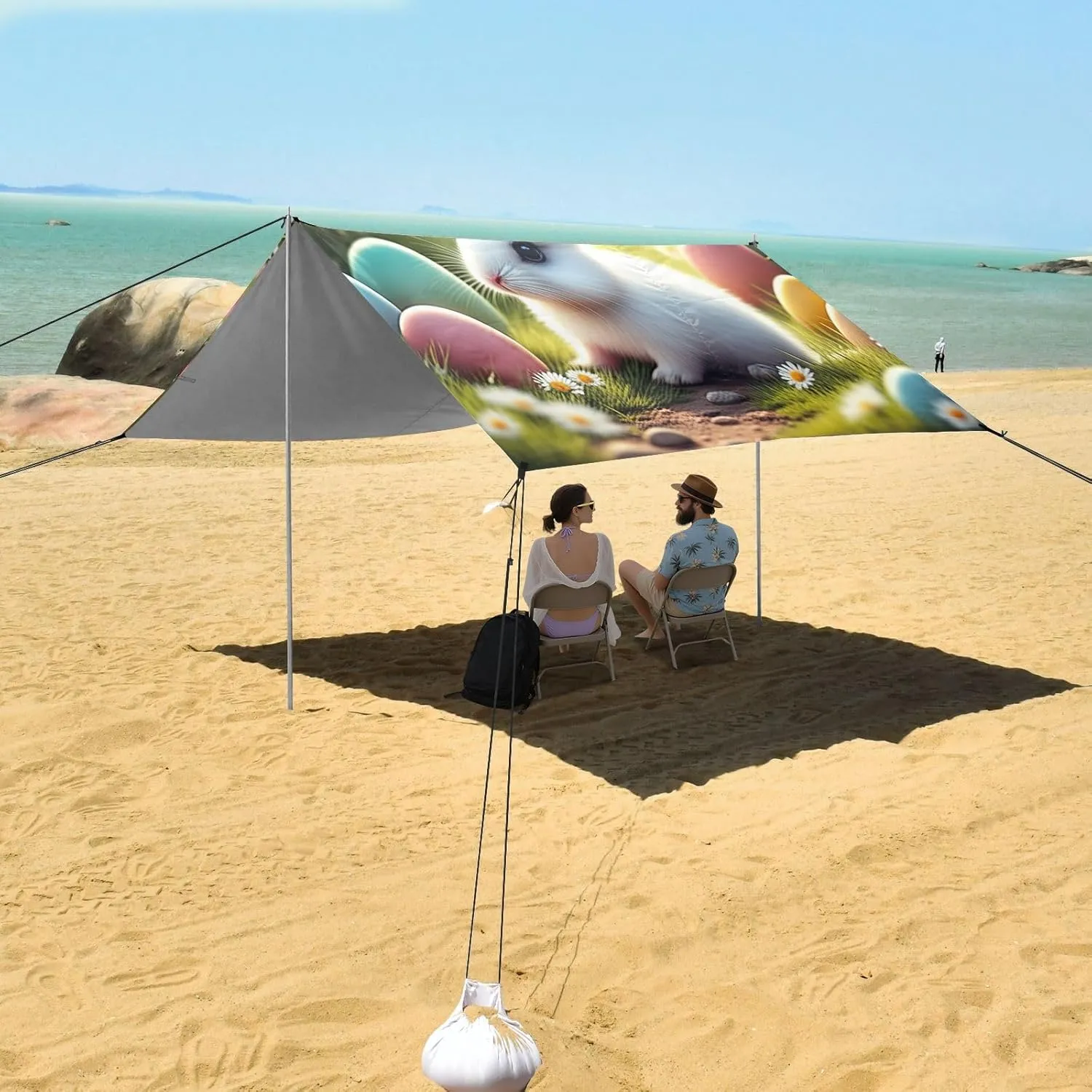 Cute Rabbit Colorful Eggs Garden Canopy Tent Beach Outdoor Patio Sun Shade Funny Portable Camping Shelter Windproof with Anchor Poles Easy up 9.2 × 10.5 FT