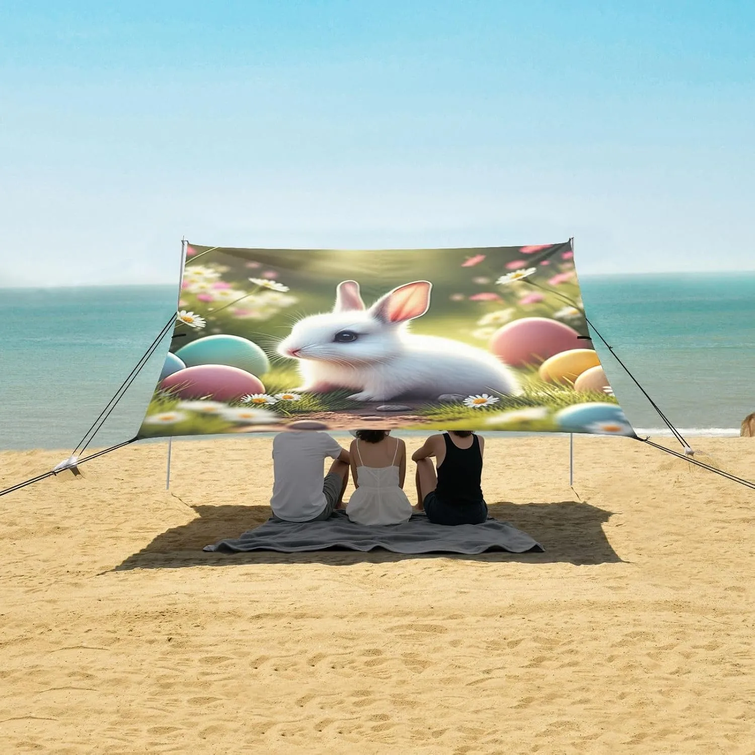 Cute Rabbit Colorful Eggs Garden Canopy Tent Beach Outdoor Patio Sun Shade Funny Portable Camping Shelter Windproof with Anchor Poles Easy up 9.2 × 10.5 FT