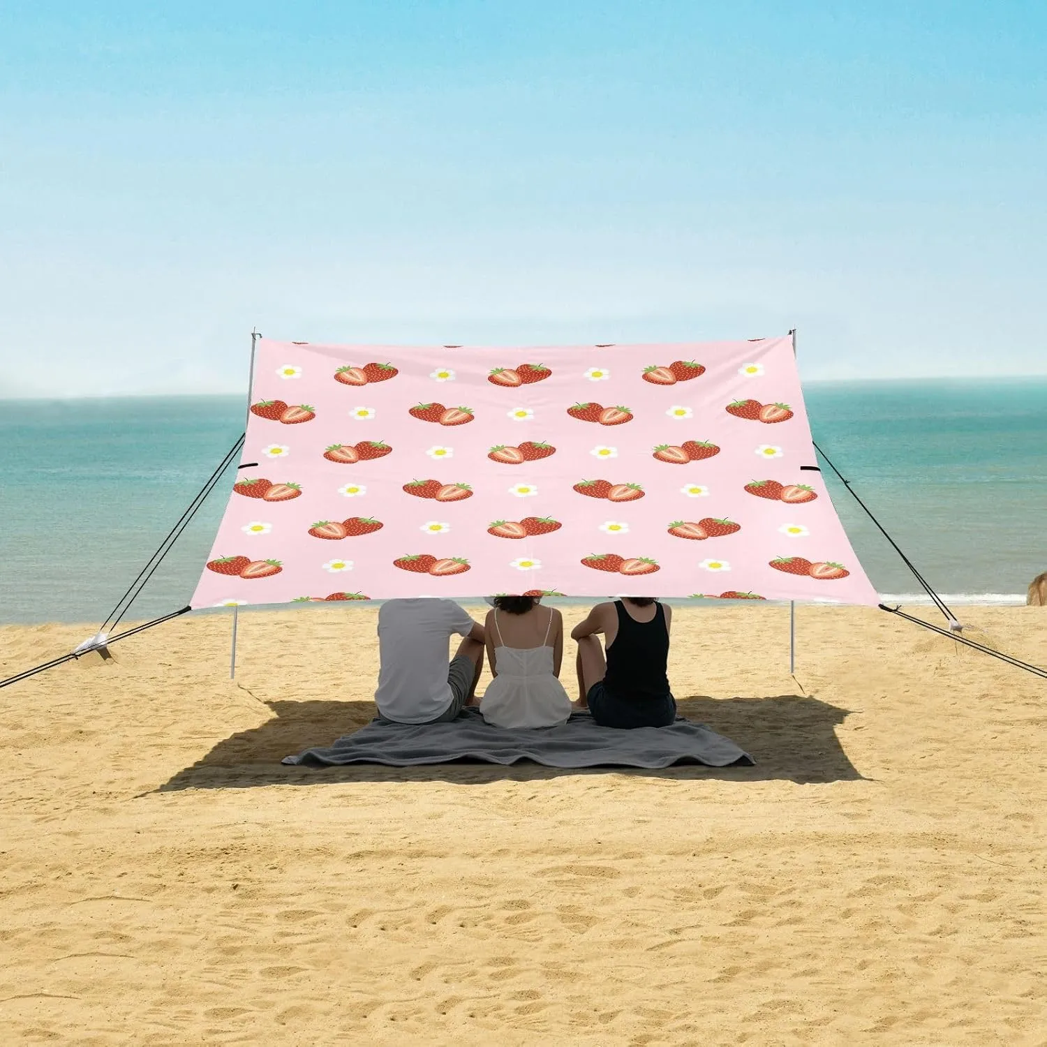 Cute Strawberry Beach Canopy Tent Anti-UV & Wind Resistant, Camping Sun Shelter Easy Setup Portable,Outdoor Shade Tents with Sandbags,Sand Shovels,Ground Pegs & Stability Poles
