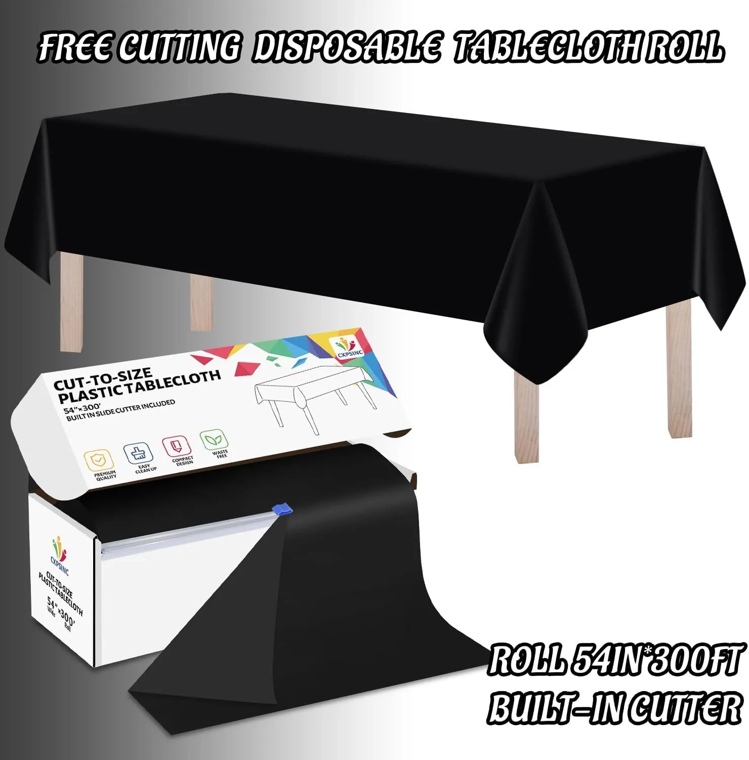 CXPSINC 54 Inch X 300 Feet Plastic Table Cover Roll Disposable Tablecloth with Slide Cutter for All Type/Shape Tables | Picnic, Party, Banquet, Birthdays, Weddings (Black, 300 Feet)